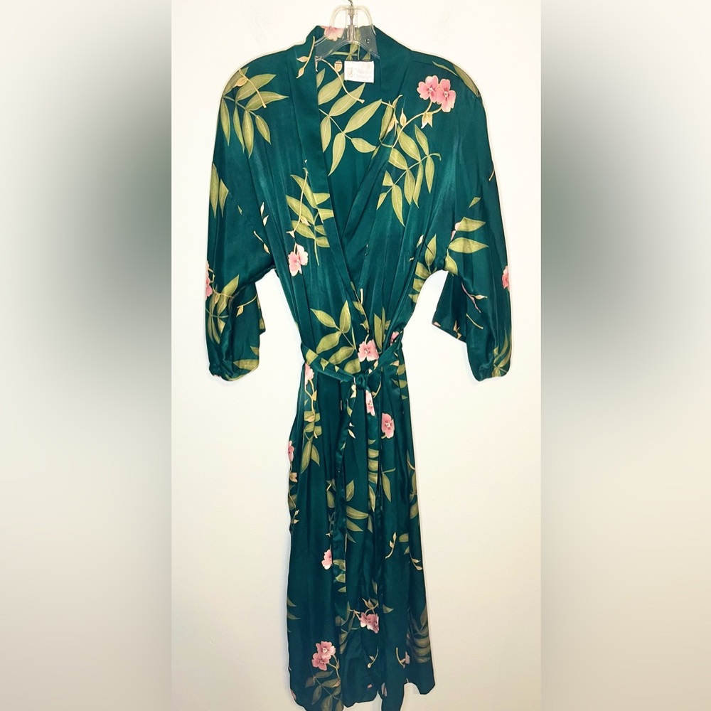 Vintage California Dynasty Robe Kimono with Matching Tie Belt. Green Pink Sz OS